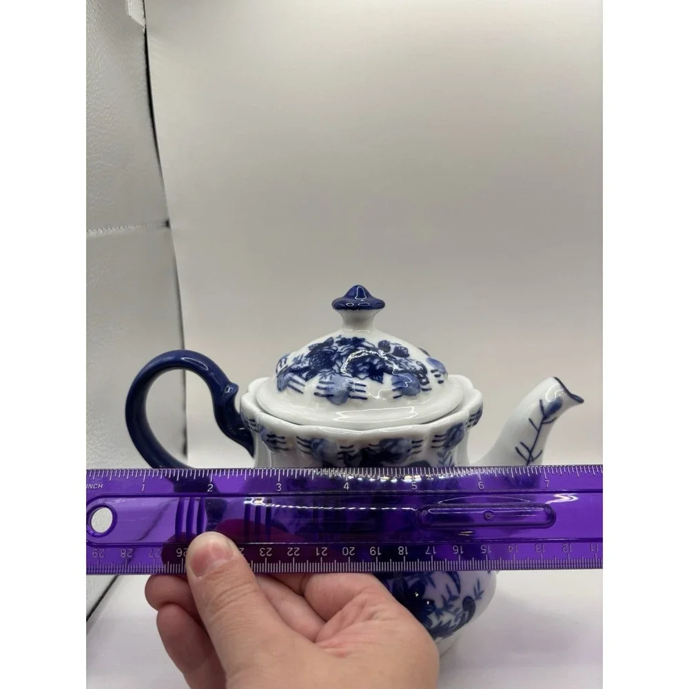 Tea Pot Scalloped Rim Flowered Porcelain, Cobalt Blue And White Cottage Granny
